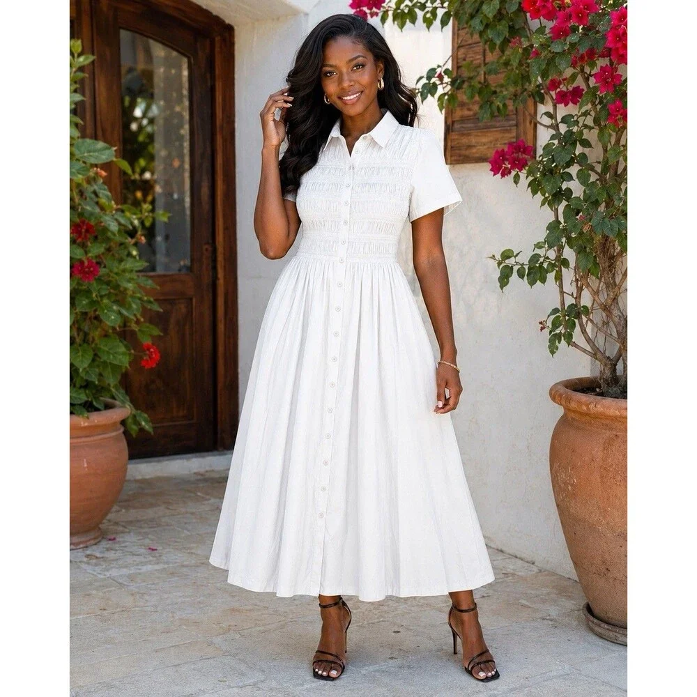 J Crew Petite Elsie Shirt Dress Womens XSP White Cotton Poplin Smocked Button Up